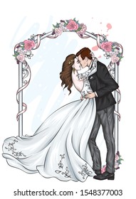 The bride in a suit and the bride in a wedding dress near a flower arch. Vector illustration for a postcard or a poster. Love and wedding.