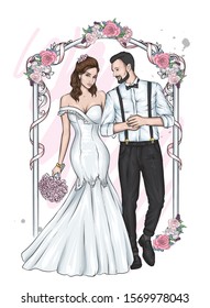 The bride in a suit and the bride in a wedding dress near a flower arch. Vector illustration for a postcard or a poster. Love and wedding.