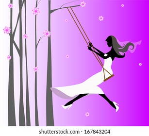 bride in swing on a pink background