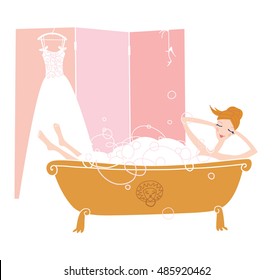 Bride taking a bath full of foam in wedding day. Wedding dress on the background. Vector illustration.