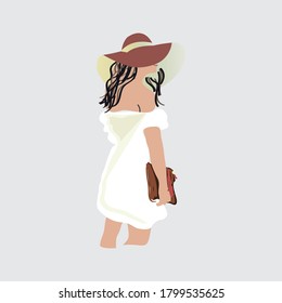 Bride in tender white dress. Summer retro cartoon illustration, trendy style