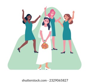 Bride throwing bouquet at wedding ceremony. Bridesmaids catching flowers. Marriage ritual. Romantic tradition. Holiday celebration. Friends group. Newlyweds