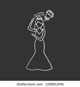 Bride throwing wedding bouquet chalk icon. Fiancee with flowers. Wedding ceremony tradition. Isolated vector chalkboard illustration
