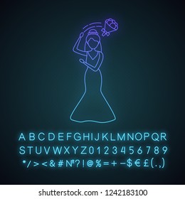 Bride throwing wedding bouquet neon light icon. Fiancee with flowers. Wedding ceremony tradition. Glowing sign with alphabet, numbers and symbols. Vector isolated illustration