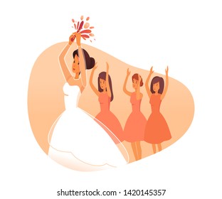 Bride throws bouquet to bridesmaids flat vector illustration  Girls catching bouquet cartoon characters  Wedding ceremony tradition  Fiancee in white dress and flowers  Bridal ritual  Bride friends