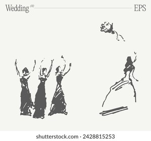 Bride tosses wedding bouquet to her friends. Hand drawn vector illustration, sketch.