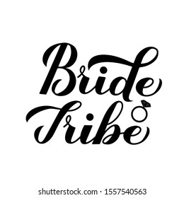 Bride Tribe calligraphy hand lettering with diamond ring isolated on white for bridal shower, wedding, bachelorette party, hen party. Vector template for t-shirt, banner, poster, invitation, sticker. 