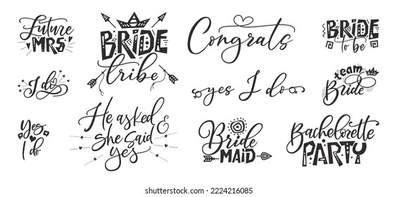 Bride tribe hand drawn lettering quote. Wedding inspiration calligraphy crd isolated on white background. Typography romantic bohemian poster. Vector invitation illustration
