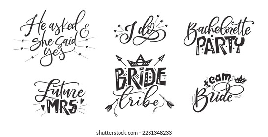 Bride tribe hand drawn lettering quote. Wedding inspiration calligraphy crd isolated on white background. Typography romantic bohemian poster. Vector invitation illustration