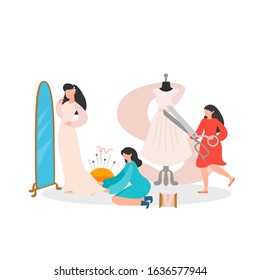 Bride tries on a wedding dress in the salon. Sewing workshop, atelier, custom clothing with characters working in tailoring shop. Seamstress with scissors and mannequin. Banner, web page