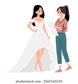 Bride Trying Wedding Dress with Designer