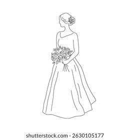 Bride vector illustration. Beautiful woman in wedding dress line art illustration. Wedding clipart on white background