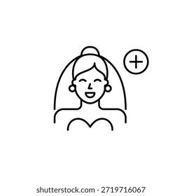 Noiva em véu e símbolo de mais. Atualização do casamento, plano de cerimônia. Lista de convidados adicionada. Pixel perfeito, ícone de vetor de traçado editável