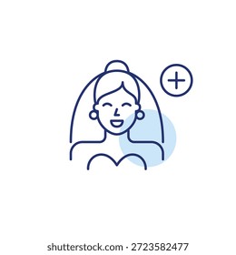 Novia con velo y símbolo plus. Actualizar de Boda, Plan de ceremonia. Añadida la lista de invitados. Icono de Vector de trazo perfecto y editable