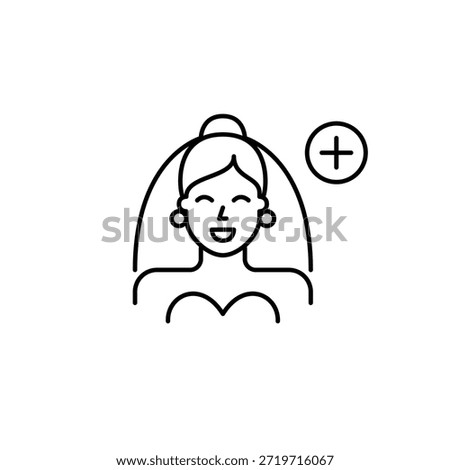 Bride in veil and plus symbol. Wedding update, ceremony plan. Added guest list. Pixel perfect, editable stroke vector icon