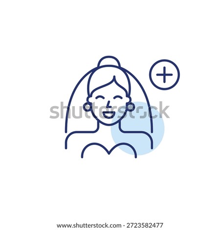 Bride in veil and plus symbol. Wedding update, ceremony plan. Added guest list. Pixel perfect, editable stroke vector icon