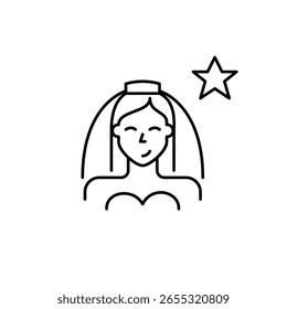 Bride in veil and star. Premium wedding ceremony service. Pixel perfect, editable stroke vector icon