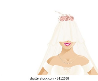 Bride in veil, so we can see only her beautiful smile before wedding