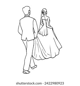 bride walks and the groom carries the hem of her wedding dress. hand-drawn drawing of newlyweds walking, view from the back