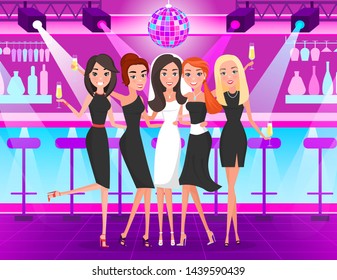 Bride Wearing Bridal Dress And Veil With Bridesmaids Vector. Nightclub Bachelorette Party With Friends, Dancing And Drinking In Club Partying. Celebrating Hen-party. Friends On Hen Night At Nightclub