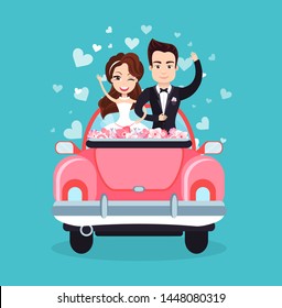 Bride wearing dress and groom in suit vector, car taking couple to honeymoon, newlywed people waving hands, hearts and love cheerful pair flat style