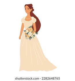 The bride with a wedding bouquet of flowers. Vector illustration in flat cartoon style.