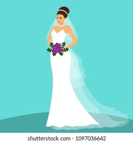 Bride. Wedding card with the bride on a blue background. Bride in wedding dress with a bouquet. Clothing. Vector illustration.