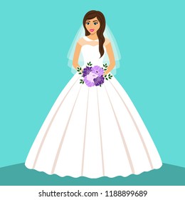 Bride. Wedding card with the bride on a blue background. Bride in wedding dress with a bouquet. Clothing. Vector illustration.