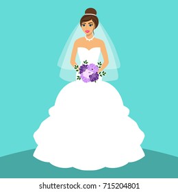 Bride. Wedding card with the bride on a blue background. Bride in wedding dress with a bouquet. Clothing. Vector illustration.