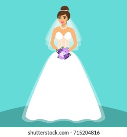 Bride. Wedding card with the bride on a blue background. Bride in wedding dress with a bouquet. Clothing. Vector illustration.
