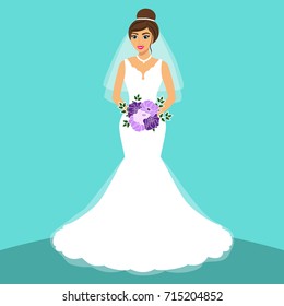 Bride. Wedding card with the bride on a blue background. Bride in wedding dress with a bouquet. Clothing. Vector illustration.