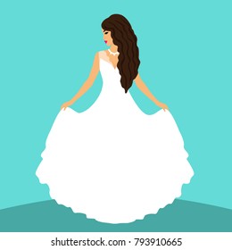 Bride. Wedding card with the bride on a blue background. Bride in wedding dress with a bouquet. Clothing. Vector illustration.