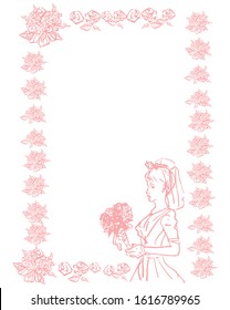 Bride in wedding ceremony around pink roses frame give space  for text.