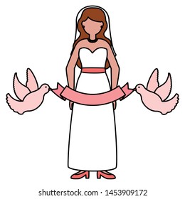 bride wedding day pigeons ribbon vector illustration
