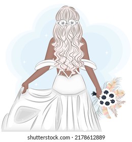 Bride in wedding dress and bouquet in boho style, fashion vector illustration, invitation, postcard