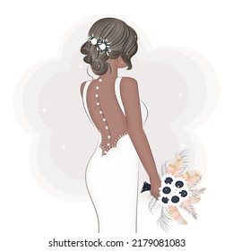 Bride in wedding dress and bouquet in boho style, fashion vector illustration, invitation, postcard
