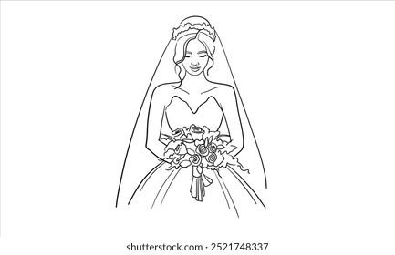 Novia en un vestido de novia con un ramo, dibujo de arte de línea continua aislado sobre fondo blanco. Esquema de la ceremonia de Boda. Ilustración vectorial