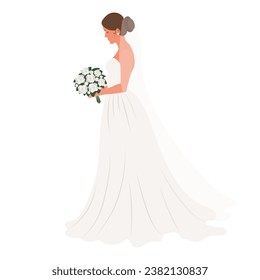 Novia con vestido de novia con un ramo de flores sobre un fondo blanco. Ilustración de bodas de lujo, plantilla para invitación, vector