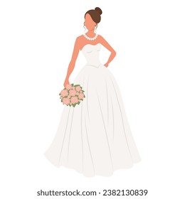 Novia con vestido de novia con un ramo de flores sobre un fondo blanco. Ilustración de bodas de lujo, plantilla para invitación, vector