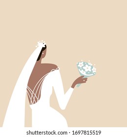 Bride in a wedding dress with a bouquet in her hands. Fashion look. Flat vector illustration.