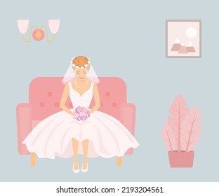 Bride in wedding dress and with bouquet. Vector illustration. Cartoon flat style