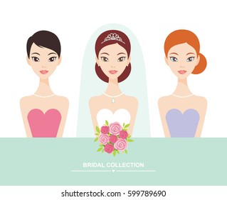 Bride in wedding dress and bridesmaids flat vector illustration
