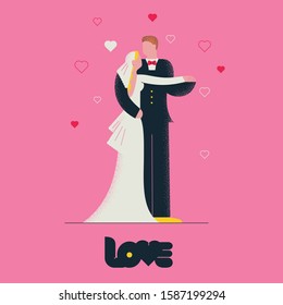 Bride in wedding dress and groom hugging on wedding. Illustration for wedding and Valentines day