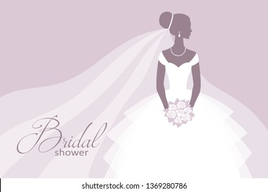 Bride in a wedding dress, holding a bouquet, vector illustration for design: invitation, greeting card, template for the bride show.