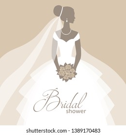 Bride in a wedding dress, holding a bouquet, vector illustration for design: invitation, greeting card, template for the bride show.