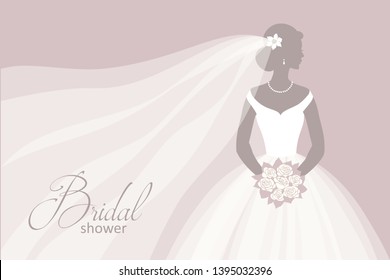 Bride in a wedding dress, holding a bouquet, vector illustration for design: invitation, greeting card, template for the bride show.