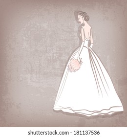 bride in wedding dress on grungy background - vector illustration