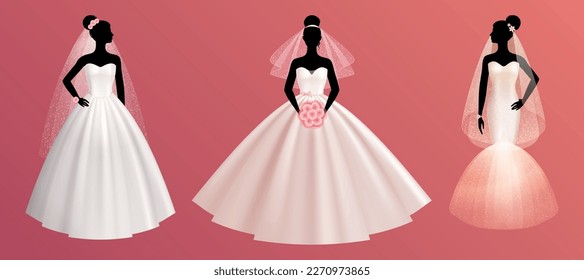 Bride wedding dress realistic colored icon set different styles of three dresses worn on mannequins on pink background vector illustration