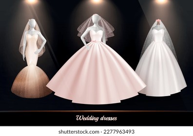 Bride wedding dress realistic icon set three dresses in different styles worn on white mannequins vector illustration