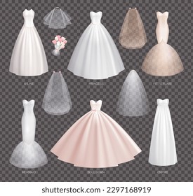 Bride wedding dress realistic set with isolated bridal gown elements on transparent background with text captions vector illustration